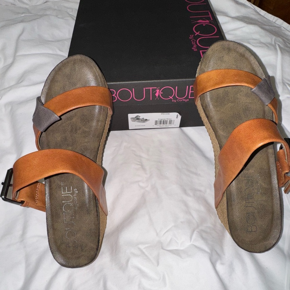 Corkys Tan & Gray Two‑Strap Sandals – Lightweight Comfort Slide
